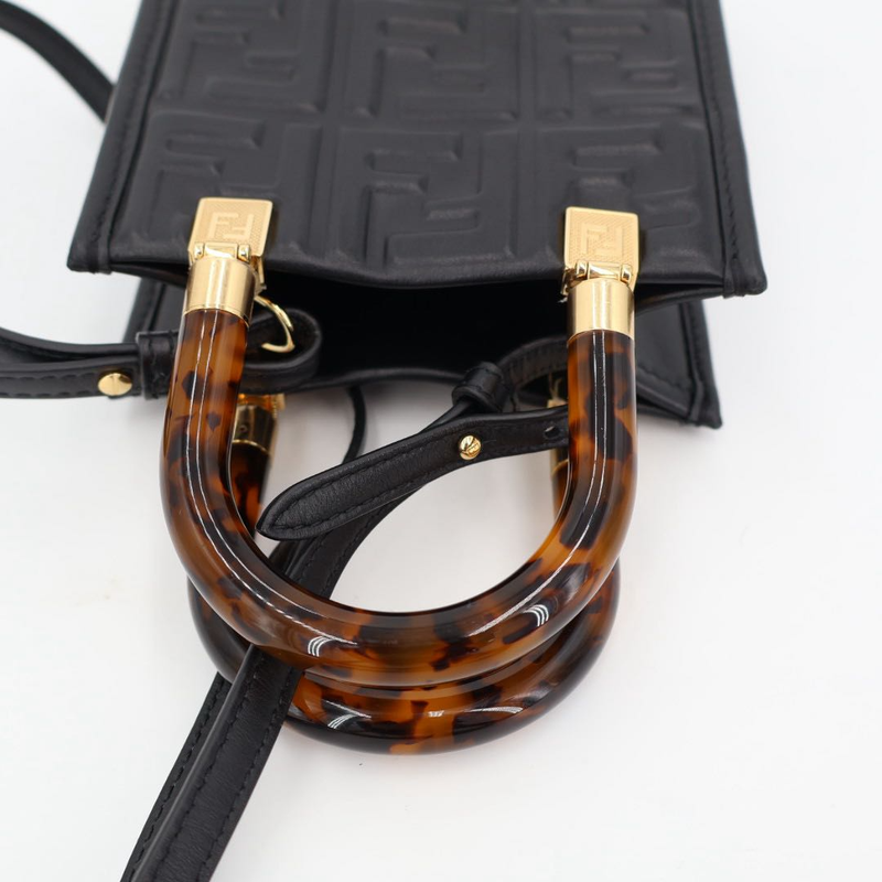 Fendi Zucca Sunshine Shopper Small Leather 2WAY Handbag Black