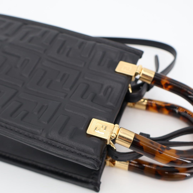 Fendi Zucca Sunshine Shopper Small Leather 2WAY Handbag Black