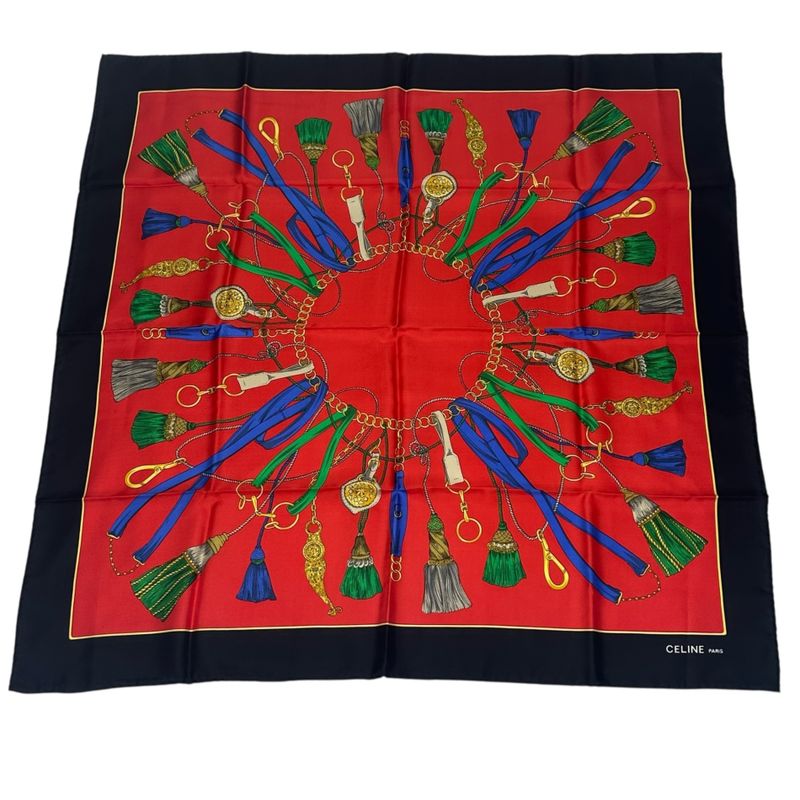 Celine Silk Scarf Tassel Design Red and Black