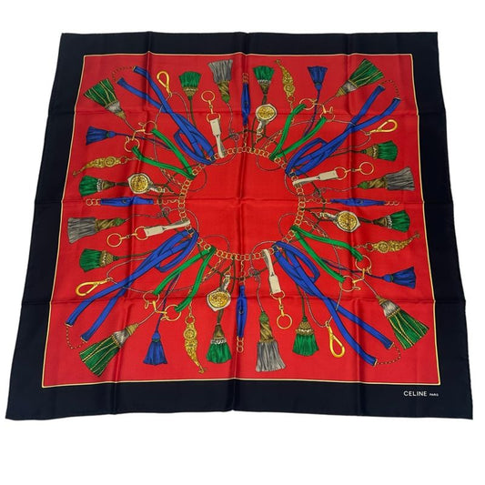 Celine Silk Scarf Tassel Design Red and Black