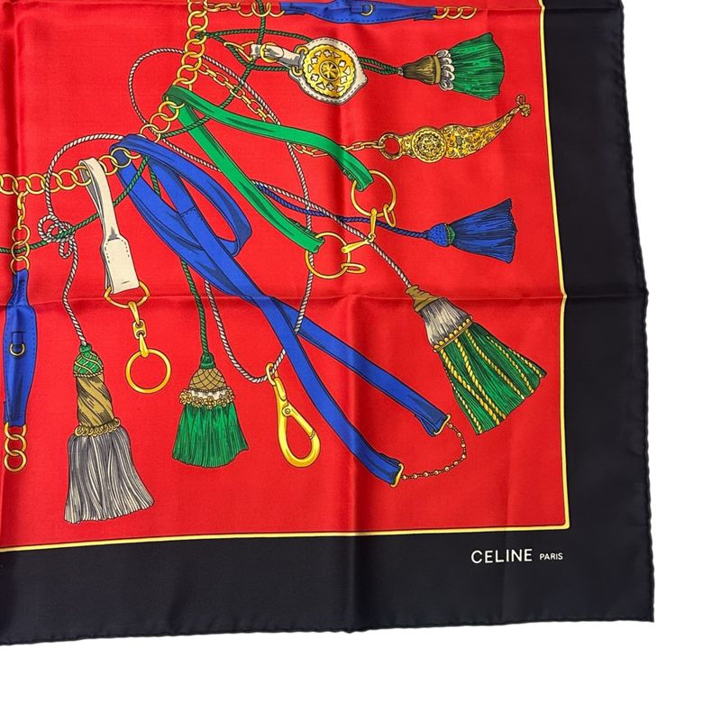 Celine Silk Scarf Tassel Design Red and Black