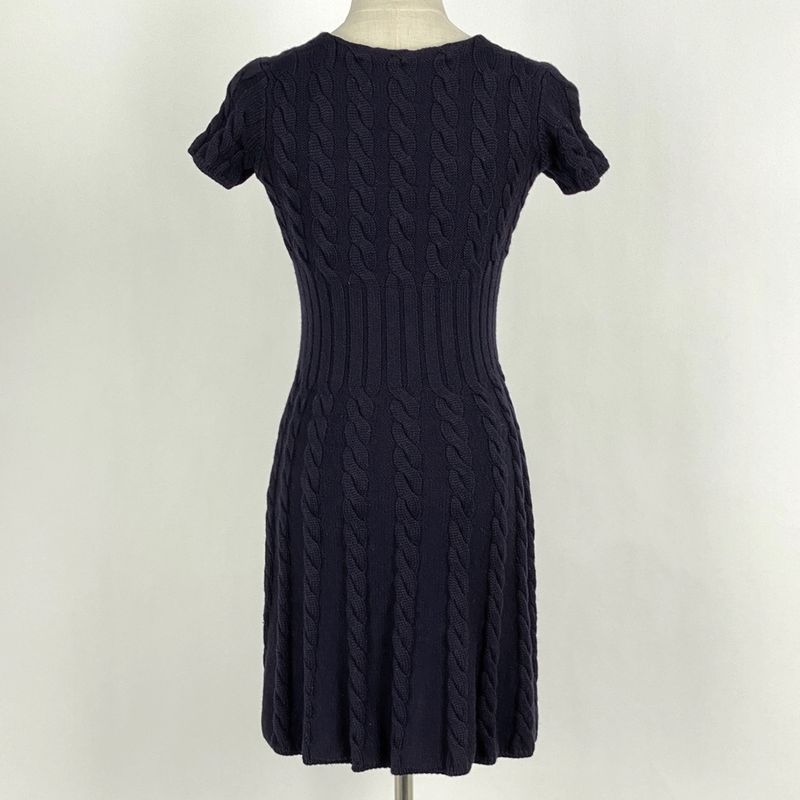 Prada Short Sleeve Knit Dress Cable Knit Flared Mini Dress Skirt Wool Navy Women