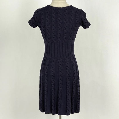 Prada Short Sleeve Knit Dress Cable Knit Flared Mini Dress Skirt Wool Navy Women