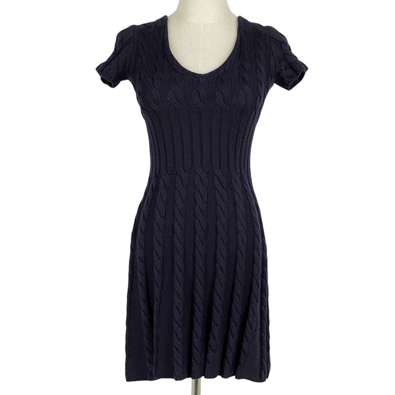 Prada Short Sleeve Knit Dress Cable Knit Flared Mini Dress Skirt Wool Navy Women