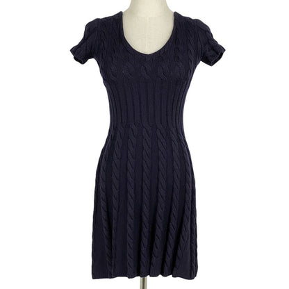 Prada Short Sleeve Knit Dress Cable Knit Flared Mini Dress Skirt Wool Navy Women