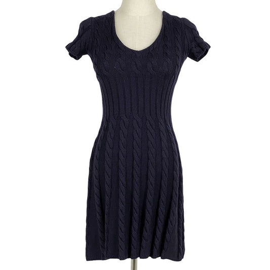Prada Short Sleeve Knit Dress Cable Knit Flared Mini Dress Skirt Wool Navy Women