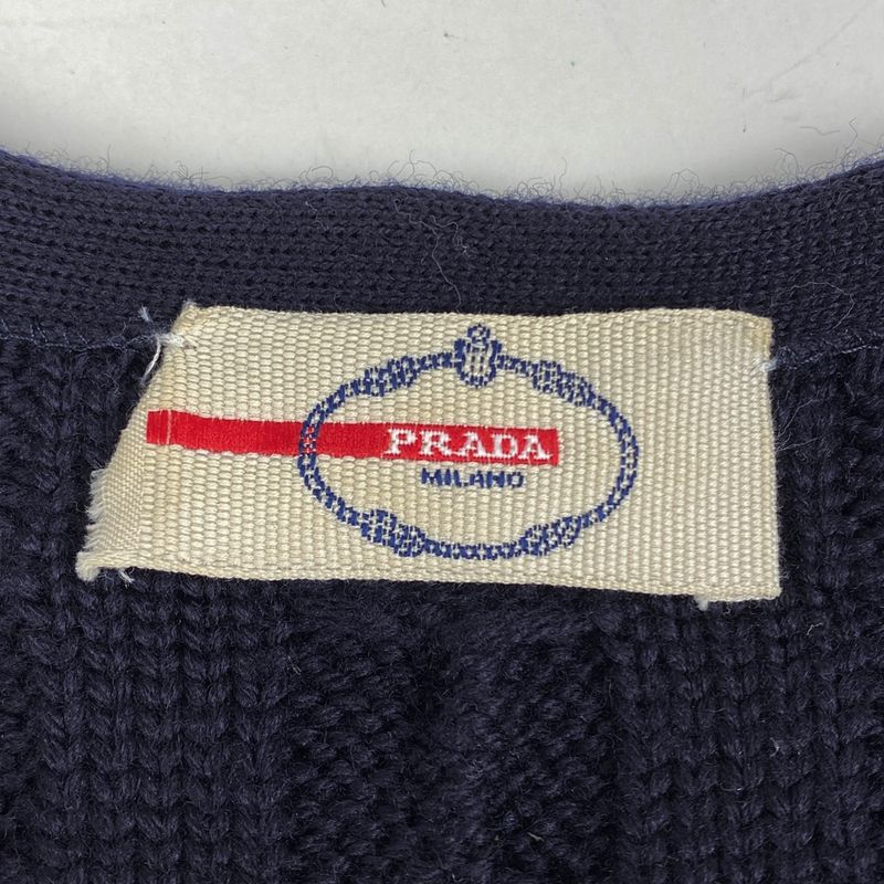 Prada Short Sleeve Knit Dress Cable Knit Flared Mini Dress Skirt Wool Navy Women