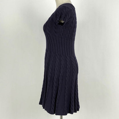 Prada Short Sleeve Knit Dress Cable Knit Flared Mini Dress Skirt Wool Navy Women