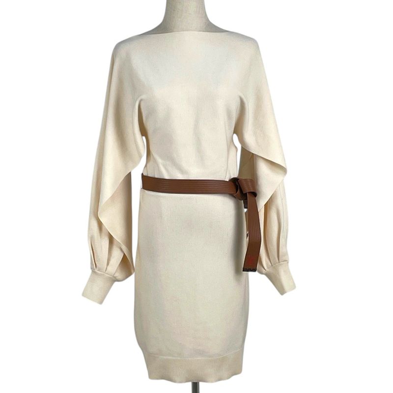 Louis Vuitton Knit Dress Belt Tight Mini Arm Slit Dress Skirt Ivory Women