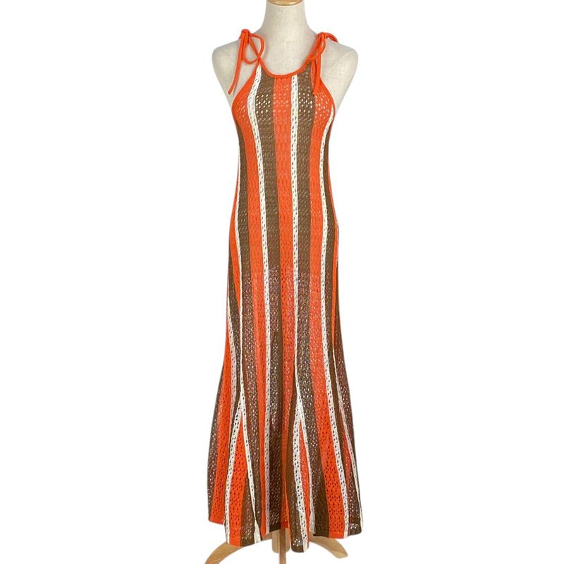 Fendi Camisole Knit Dress Mesh Flared Layered Dress Skirt Cotton Nylon Orange