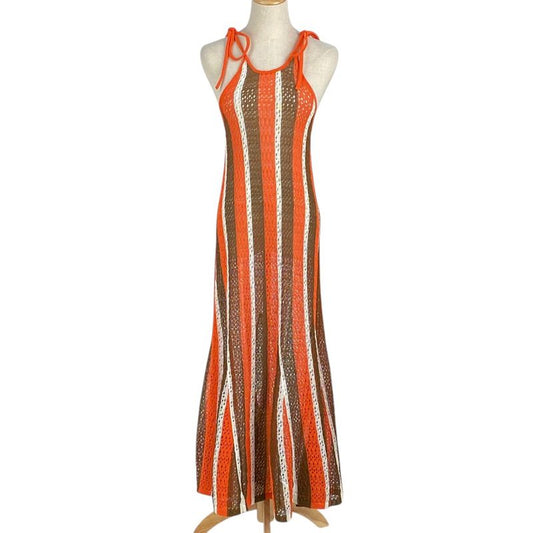 Fendi Camisole Knit Dress Mesh Flared Layered Dress Skirt Cotton Nylon Orange