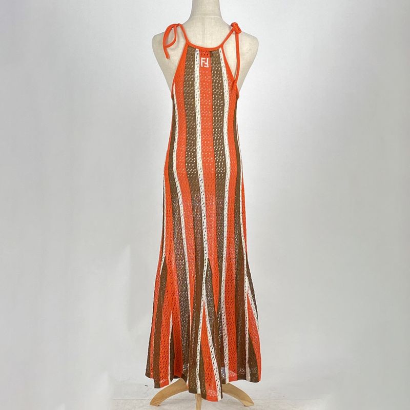 Fendi Camisole Knit Dress Mesh Flared Layered Dress Skirt Cotton Nylon Orange