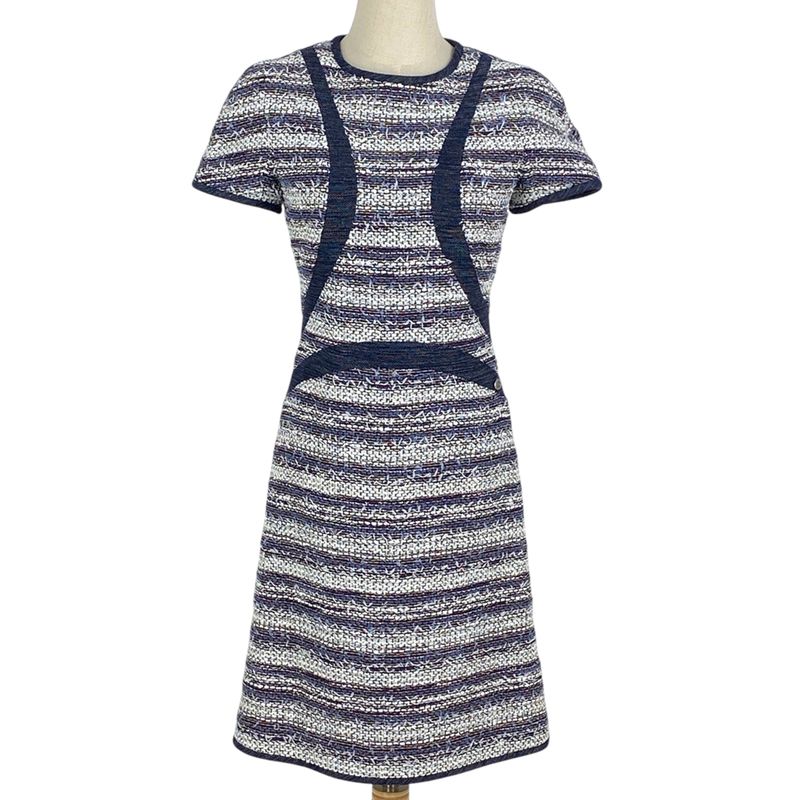 Chanel Coco Mark Button Dress Short Sleeves Tweed Knee Length Dress Skirt