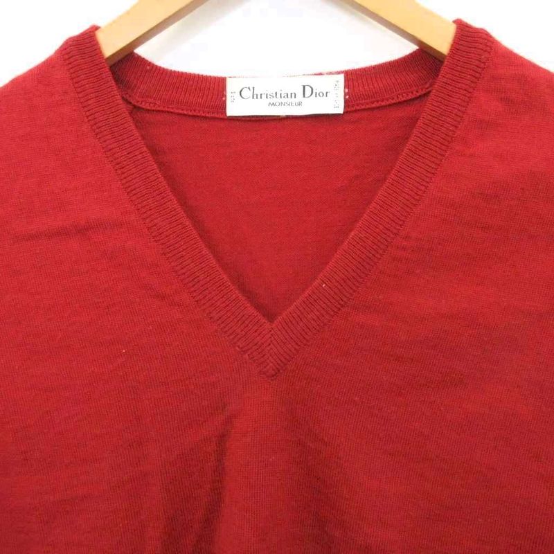 Christian DIOR Knitted Vest Sweater V-neck Logo Embroidery Red Approx M-L - MET2