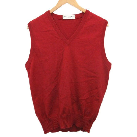 Christian DIOR Knitted Vest Sweater V-neck Logo Embroidery Red Approx M-L - MET2