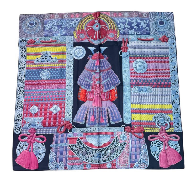Hermes Carré 90 Parures de Samourais Samurai Armor Multicolor Scarf 100% Silk