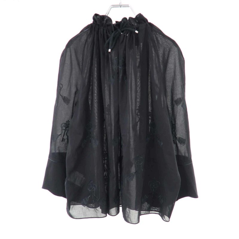 Hermes 18ss Gathered Neck Key Embroidery Balloon Blouse 86-7606 Black 42