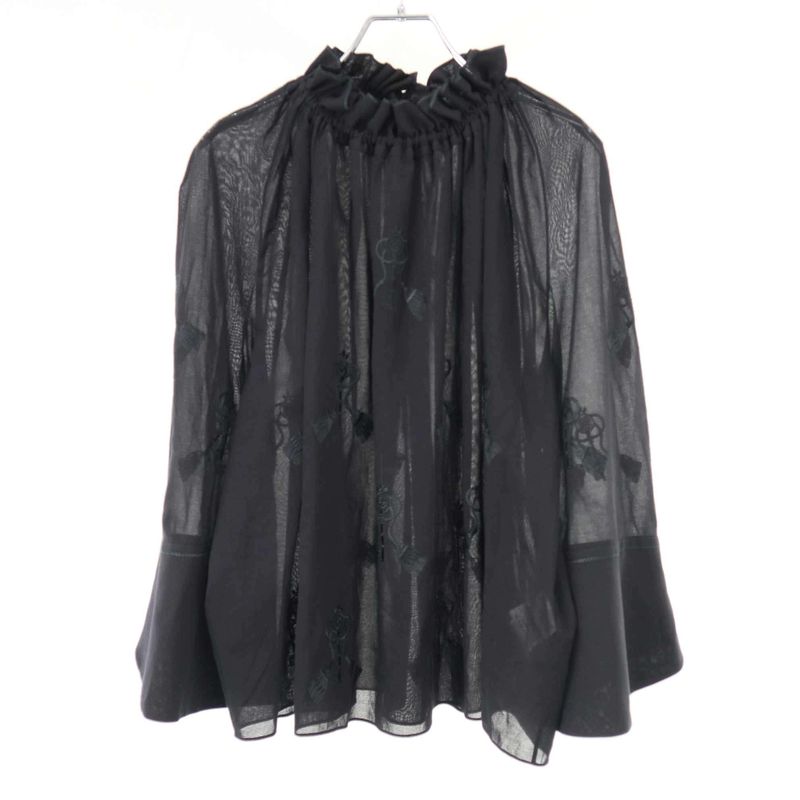 Hermes 18ss Gathered Neck Key Embroidery Balloon Blouse 86-7606 Black 42