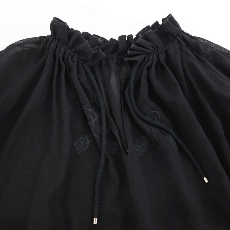 Hermes 18ss Gathered Neck Key Embroidery Balloon Blouse 86-7606 Black 42