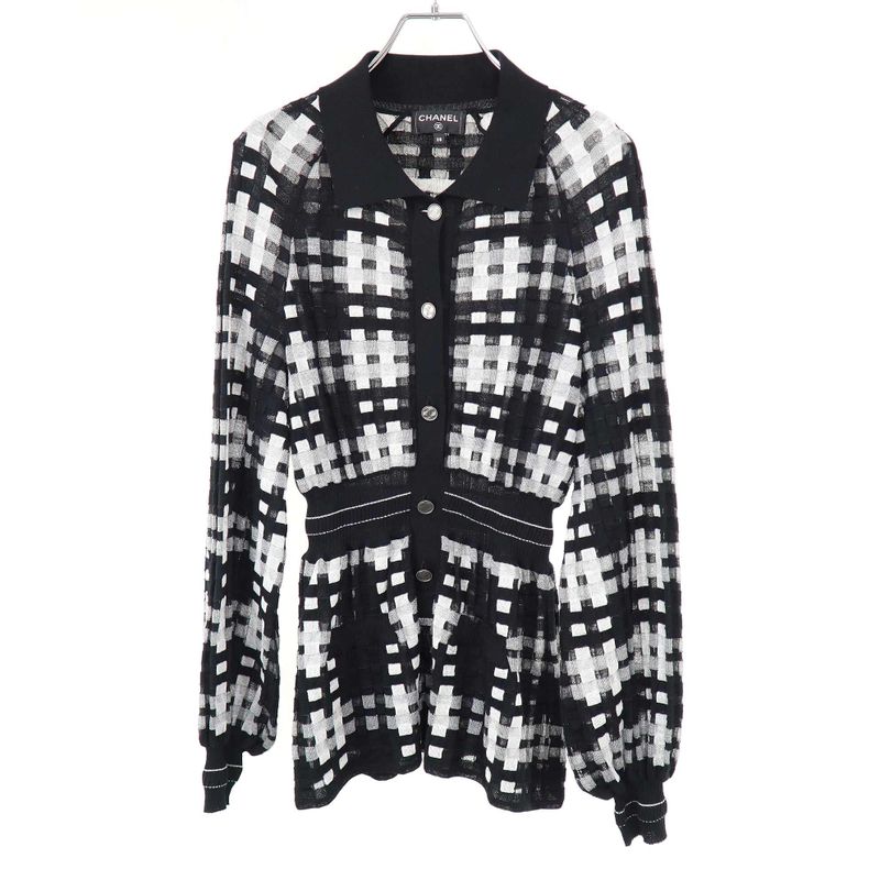 Chanel Coco Mark Sheer Check Flared Knit Cardigan P56179k07329 Black 38