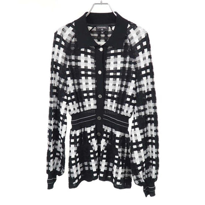 Chanel Coco Mark Sheer Check Flared Knit Cardigan P56179k07329 Black 38