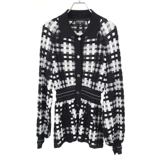 Chanel Coco Mark Sheer Check Flared Knit Cardigan P56179k07329 Black 38