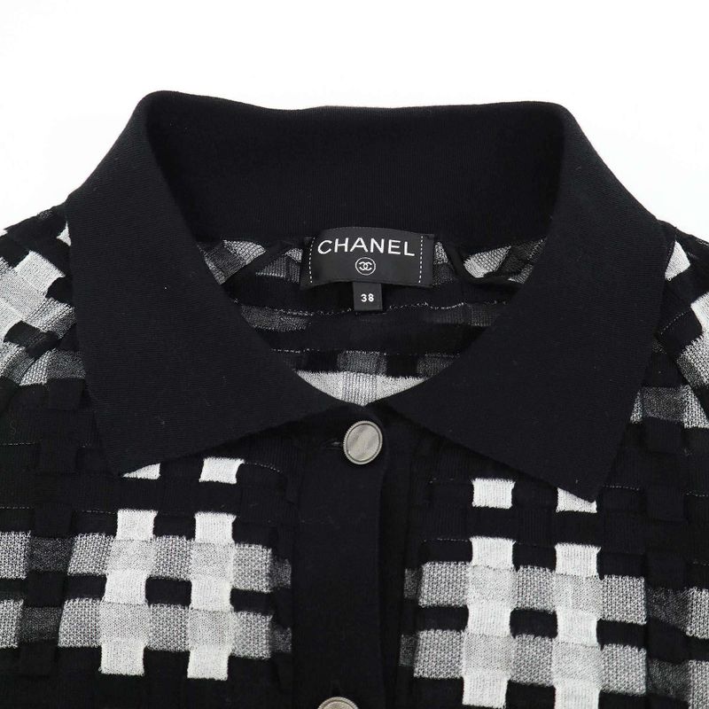 Chanel Coco Mark Sheer Check Flared Knit Cardigan P56179k07329 Black 38