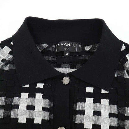 Chanel Coco Mark Sheer Check Flared Knit Cardigan P56179k07329 Black 38