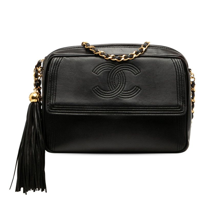 Chanel Coco Mark Fringe Crossbody Chain Shoulder Bag Black Lambskin Women Chanel
