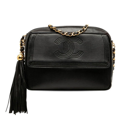 Chanel Coco Mark Fringe Crossbody Chain Shoulder Bag Black Lambskin Women Chanel