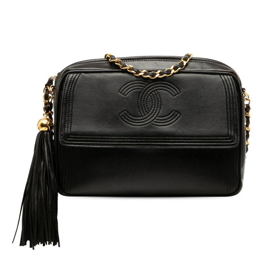 Chanel Coco Mark Fringe Crossbody Chain Shoulder Bag Black Lambskin Women Chanel