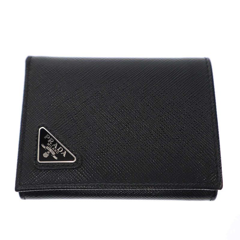 Prada Logo Plate Saffiano Leather Compact Wallet 2mh041 Black