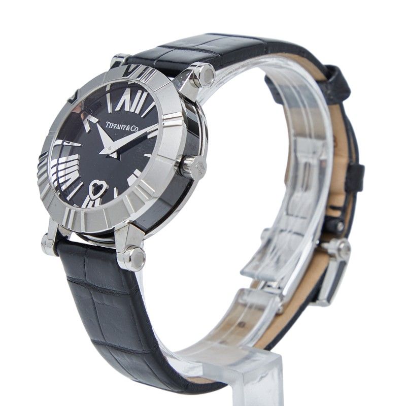 Tiffany & Co Atlas Heart Date Silver Black Stainless Steel Leather Ladies