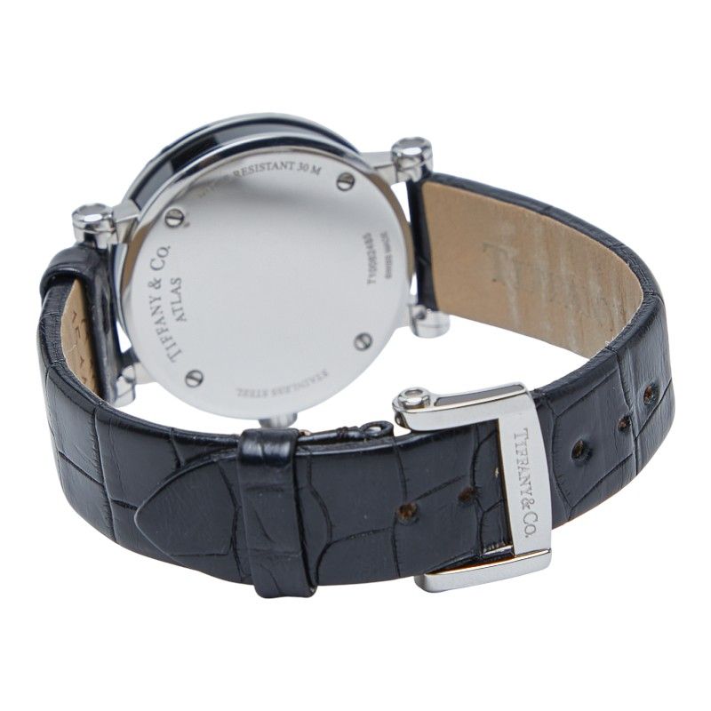 Tiffany & Co Atlas Heart Date Silver Black Stainless Steel Leather Ladies
