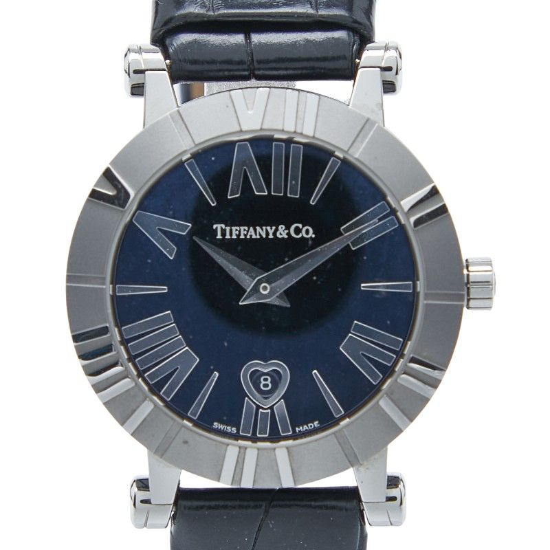 Tiffany & Co Atlas Heart Date Silver Black Stainless Steel Leather Ladies
