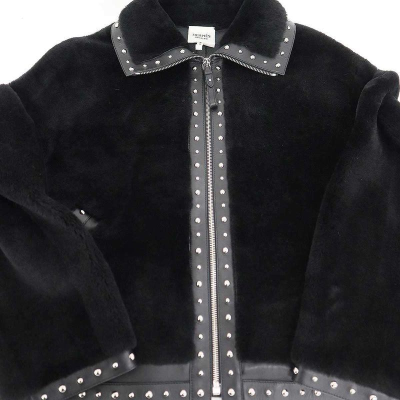 Hermes 24aw Lamb Mouton Fur Studded Leather Jacket 4h1242d5 Black 36