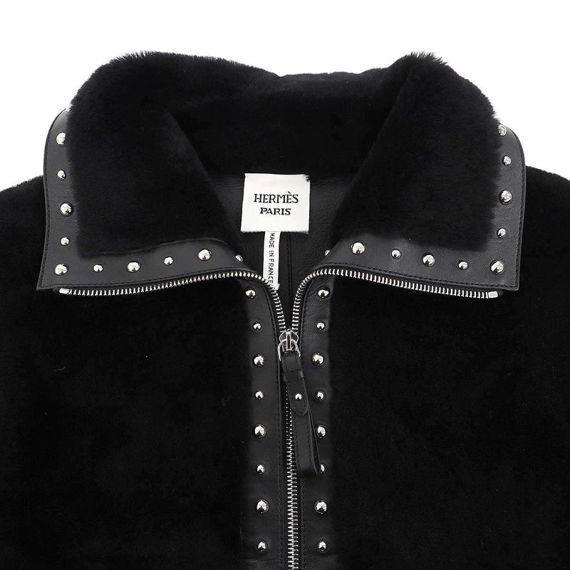 Hermes 24aw Lamb Mouton Fur Studded Leather Jacket 4h1242d5 Black 36