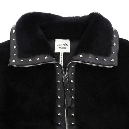 Hermes 24aw Lamb Mouton Fur Studded Leather Jacket 4h1242d5 Black 36