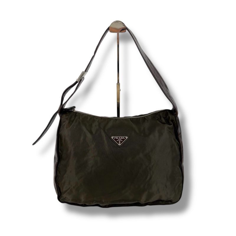 Prada Triangle Logo One Shoulder Bag Hobo Soho Tessuto Nylon Nappaleather Dark
