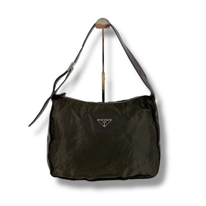 Prada Triangle Logo One Shoulder Bag Hobo Soho Tessuto Nylon Nappaleather Dark