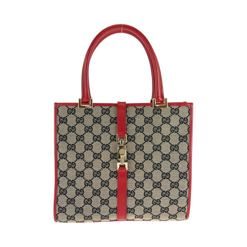 Gucci Jackie Gray Red Gold Hardware GG Canvas 002 1065 Handbag Tote Bag Women