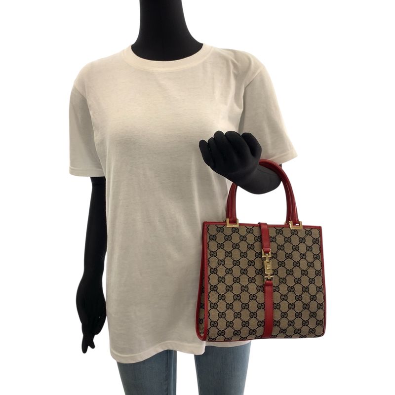 Gucci Jackie Gray Red Gold Hardware GG Canvas 002 1065 Handbag Tote Bag Women