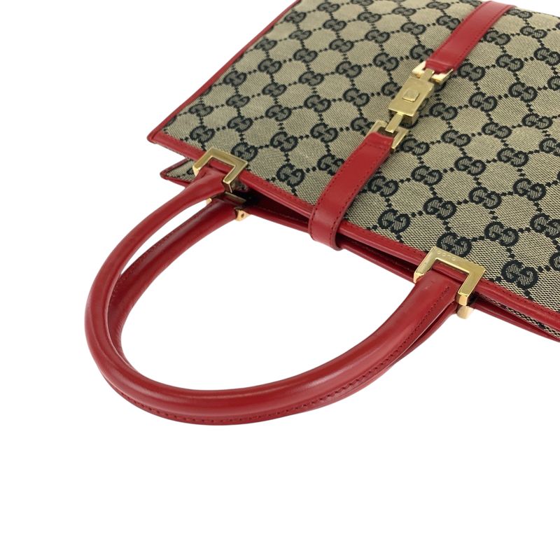 Gucci Jackie Gray Red Gold Hardware GG Canvas 002 1065 Handbag Tote Bag Women