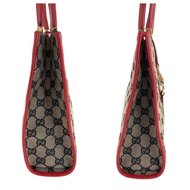 Gucci Jackie Gray Red Gold Hardware GG Canvas 002 1065 Handbag Tote Bag Women