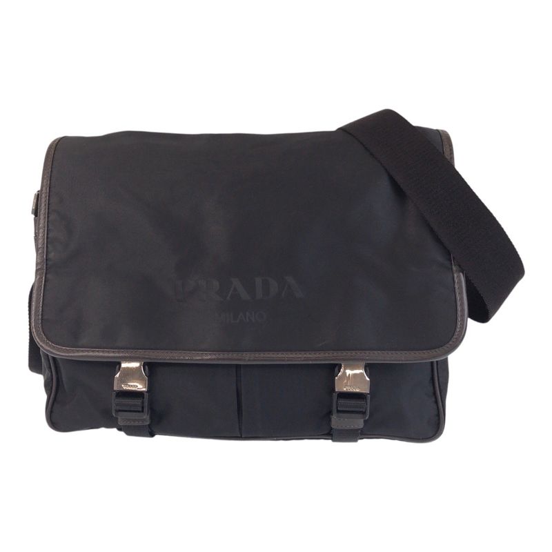 Prada Tessuto Triangle Logo Plate Black Silver Hardware Shoulder Bag Messenger