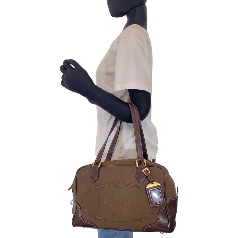 Prada Logo Jacquard Brown Canvas/leather Shoulder Bag Handbag Tote Bag Women