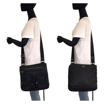 Prada Tessuto Triangle Logo Unisex Black Silver Hardware Nylon Shoulder Bag