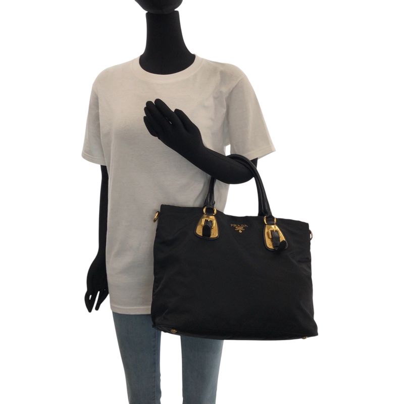 Prada Tessuto Logo Black Gold Hardware Nylon Bn1902 Tote Bag Shoulder Bag Women