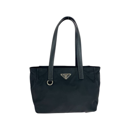 Prada Tessuto Saffiano Triangle Logo Plate Black Silver Hardware Tote Bag