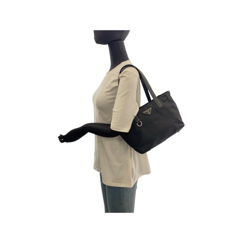 Prada Tessuto Saffiano Triangle Logo Plate Black Silver Hardware Tote Bag